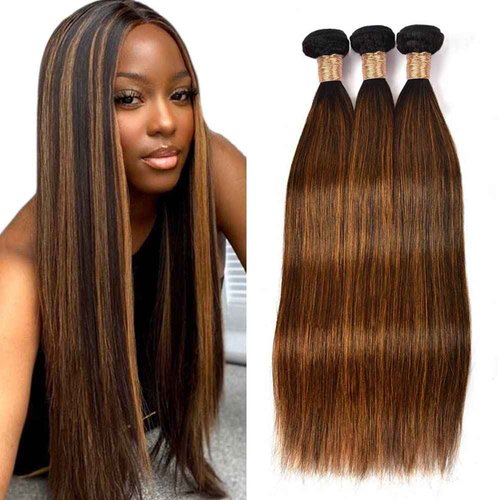 Giginger Straight Human Hair Bundles 18 20 22 Inch Brazilian Chocolate Brown Highlight P4/30 Straight Bundles Human Hair 100% Unprocessed Raw Quick Weave Hair for Black Women