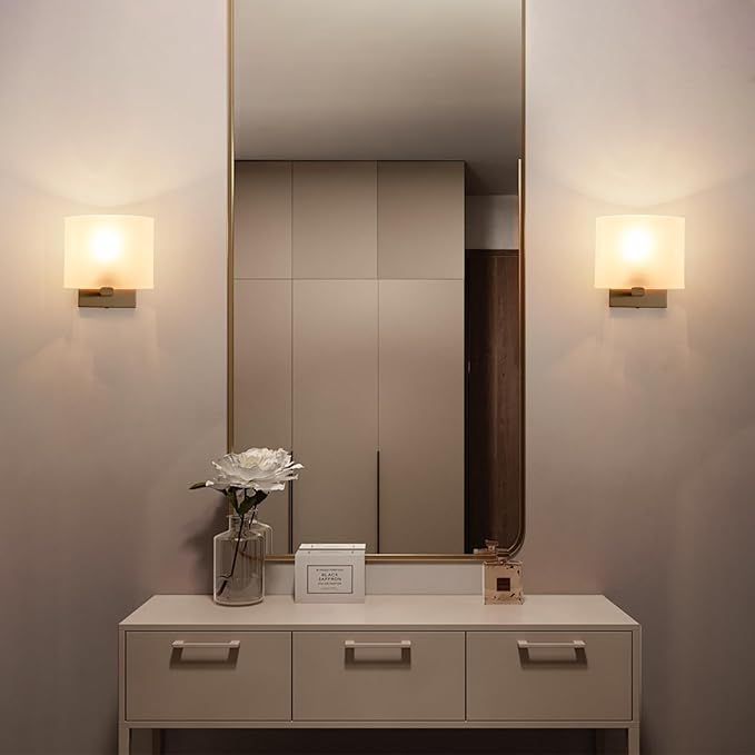 Hardwired Wall Sconces Set of 2, Modern Acrylic Shade Wall Light Fixture, Gold Walls Mounted Lamp with Ceramic Lamp Holder, Classic E26 Bulb Walls Lighting for Bedroom, Hallway 【No Bulb Included】