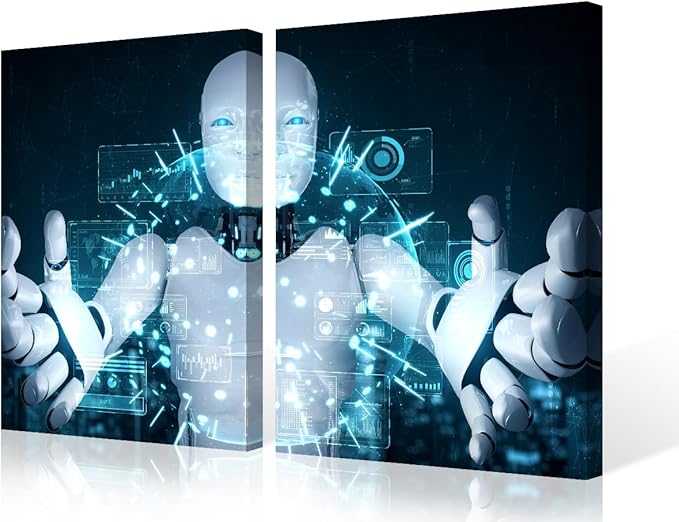 Robot Paintings for Living Room AI Intelligence Wall Art 3 Pieces Date Canvas Contemporary Artwork Home Decorations Giclee Framed Gallery-Wrapped Stretched Ready to Hang, 24" Wx16 H