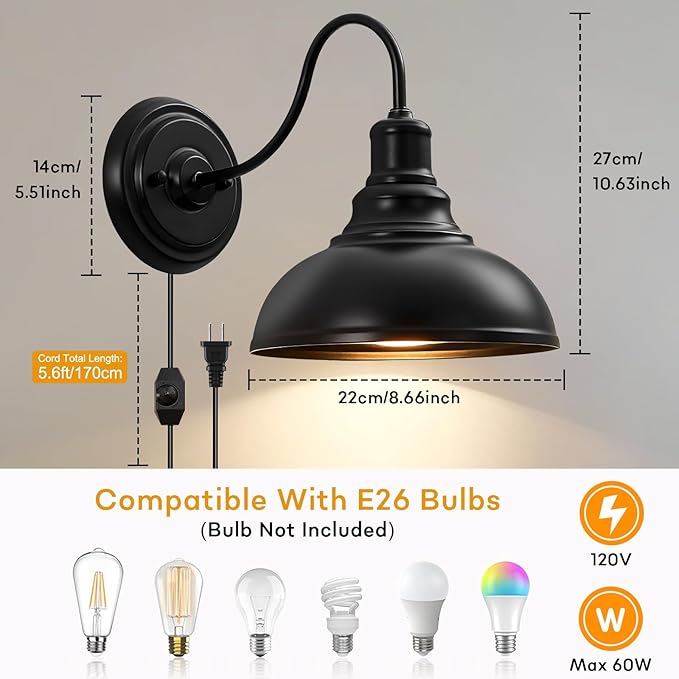 Lightess Plug in Wall Sconces, Farmhouse Sconce with Dimmer, Black Barn Wall Light Fixture with Dimmable Switch on The Cord, Industrial Gooseneck Wall Lamp, Set of Two