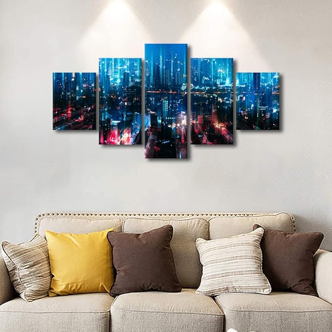 Wall Art for Living Room 5 Panel Home Decoration Smart City Landscape Poster Particle Glowing Light Picture Big Data Worker Bedroom and Corridor Decorate Frame and Stretched Ready to Hang 60x32 Inch