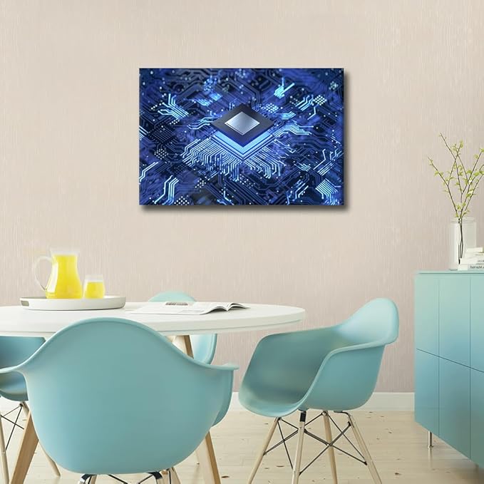 Computer Chip Wall Art Canvas AI Pictures CPU Concept Wall Painting for Bedroom Wall Art for Living Room Contemporary Modern Home Decor Office Posters Framed Wall Art - 24x16in