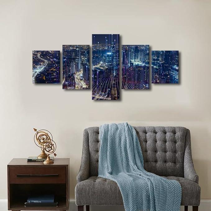 Canvas Wall Art Modern Cityscape Poster 5 Panel Home Decoration Particle Glowing Light Picture Printing Connection Design Poster Internet Companies Corridor Decor Framed Ready to Hang 50x24 Inch
