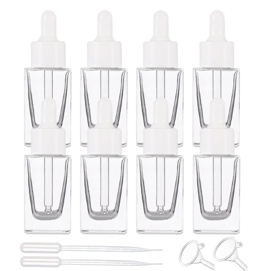 ZSAEYPHE 8 Pack Clear Square Glass Dropper Bottle 30ml Square Glass Essential Oil Bottles Refillable Vial Container for Perfume Travel(Clear-White Lids)