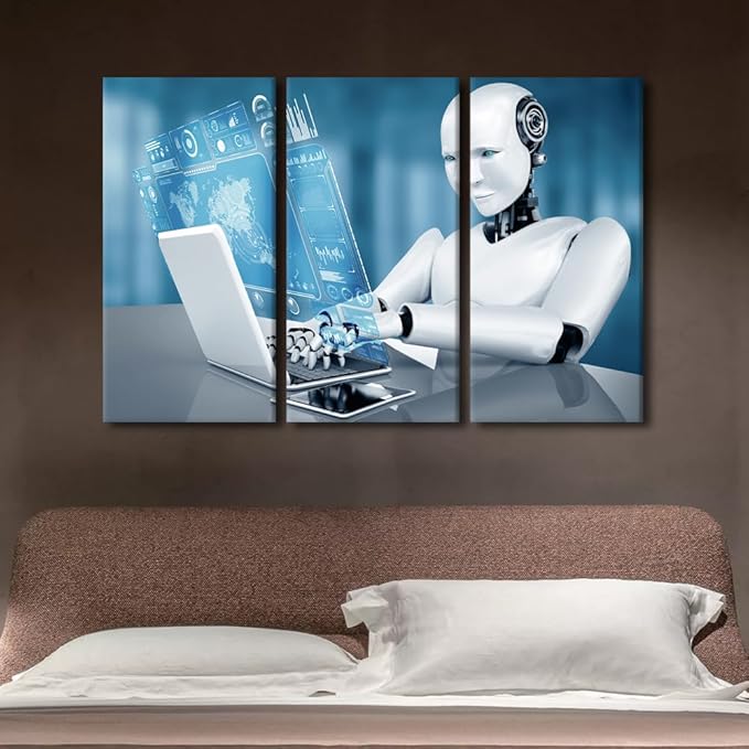 3 Pieces Canvas Wall Art Robot Framed Art Prints Big Data Analysis Artwork Prints on Canvas AI Intelligence Giclee Gallery-Wrapped Posters and Prints Modern Home Decor Framed Ready to Hang, 60"Wx40"H