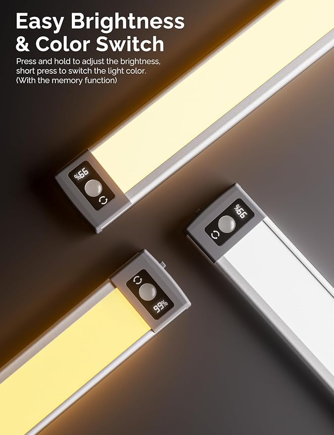 Under Cabinet Lighting with LED Numeric Display,3 Color Temps&Dimmable lights, Under counter lights for kitchen with 68 LED, Wireless Motion Sensor Light indoor, Stick-On Magnetic Closet Light(2 Pack)