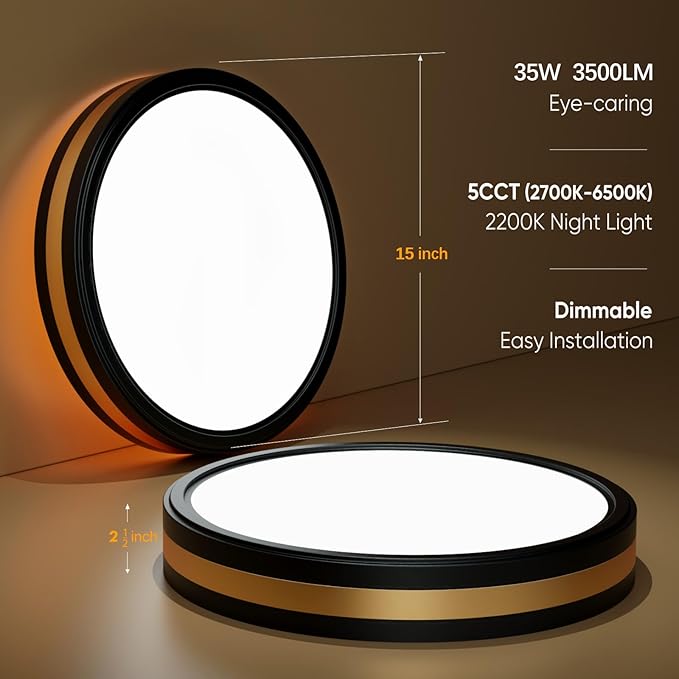 15 Inch Flush Mount Black Gold LED Ceiling Light with Night Light, 5CCT Modern, 35W 3500LM 2700K-6500K Adjustable, Dimmable for Bedroom Hallway, ETL
