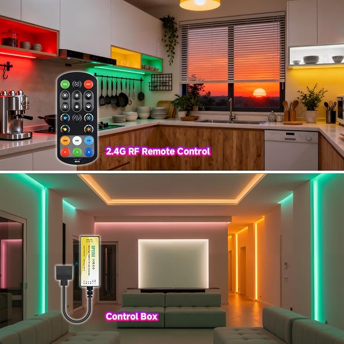 BTF-LIGHTING FCOB COB RGBCCT Color Changing LED Strip with Remote,UL Listed Flexible High Density DC24V 16.4FT RGB+Tunable White 3000K-6000K RF Remote Controller 12mm Width 3M Tape for Home Decor
