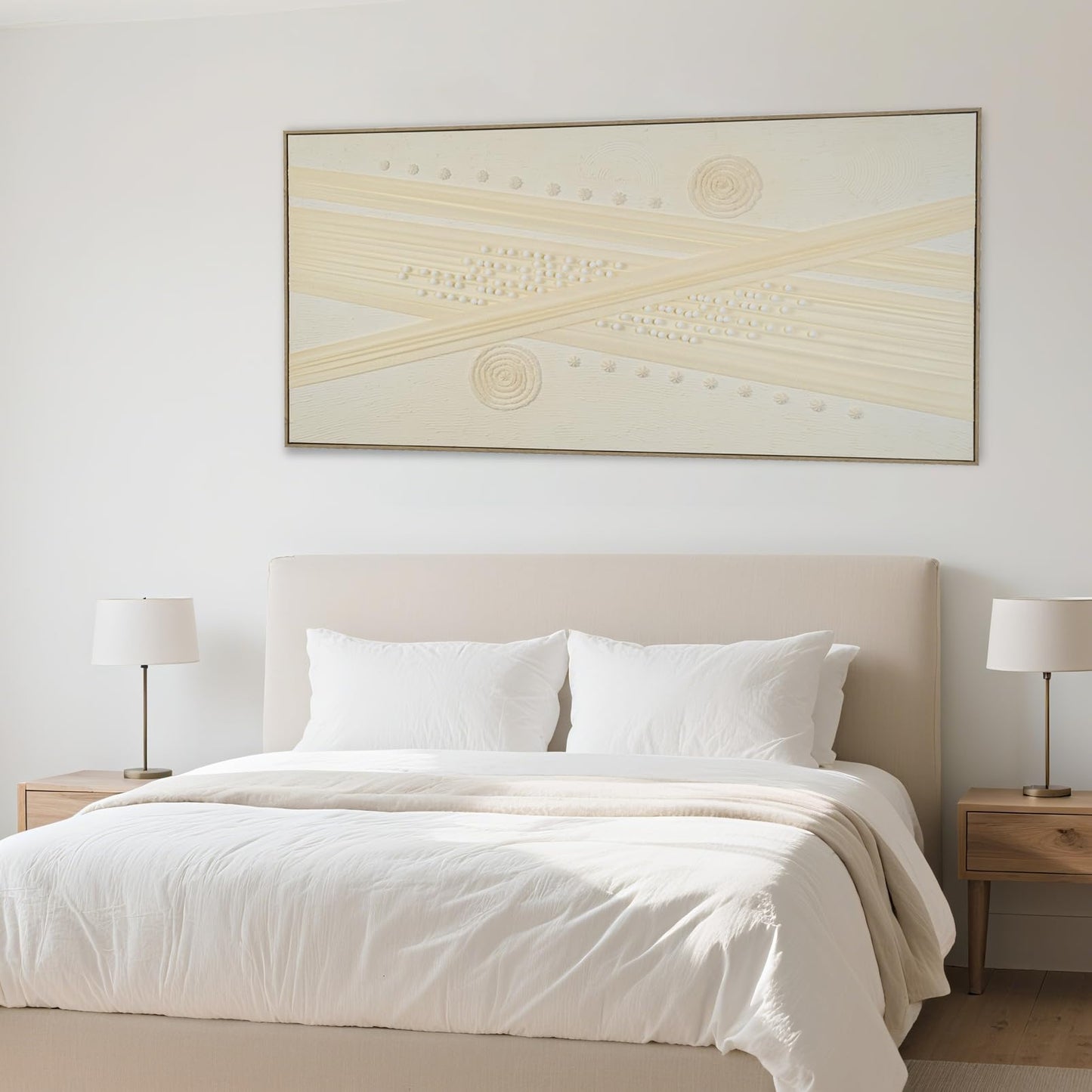 Abstract Wall Art for Living Room Canvas Painting Framed Boho Decor, Cuadros para Sala Elegantes y Modernos Dormitorios, Bedroom Office Handmade Large Size 29"x58"" with Tools Kit (Light Yellow)"
