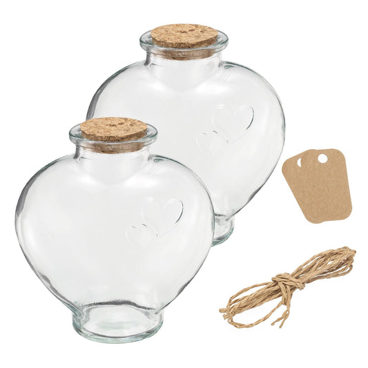 uxcell 2 Pcs 18 oz/600ML Heart Shaped Glass Jars With Cork Stoppers, Clear Message Wishing Bottle with Twine and Blank Tags for Halloween Decorations, Wedding Shower Favors
