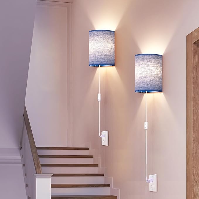 Plug in Wall Sconces Set of Two: Wall Lights with On/Off Switch - Stepless Color Temperature Wall Mount Lamps - Fabric Linen Wall Sconce for Bedroom Living Room & Hallway- Indoor Corded Wall Sconces
