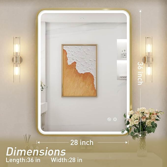 28x36 Inch LED Bathroom Mirror with lights,Wall Mounted Lighted Vanity Mirrors with Non-Rusting Gold Metal Frame Anti-Fog Memory Funtion Stepless Dimmable for Bathroom Decor(Horizontal&Vertical)