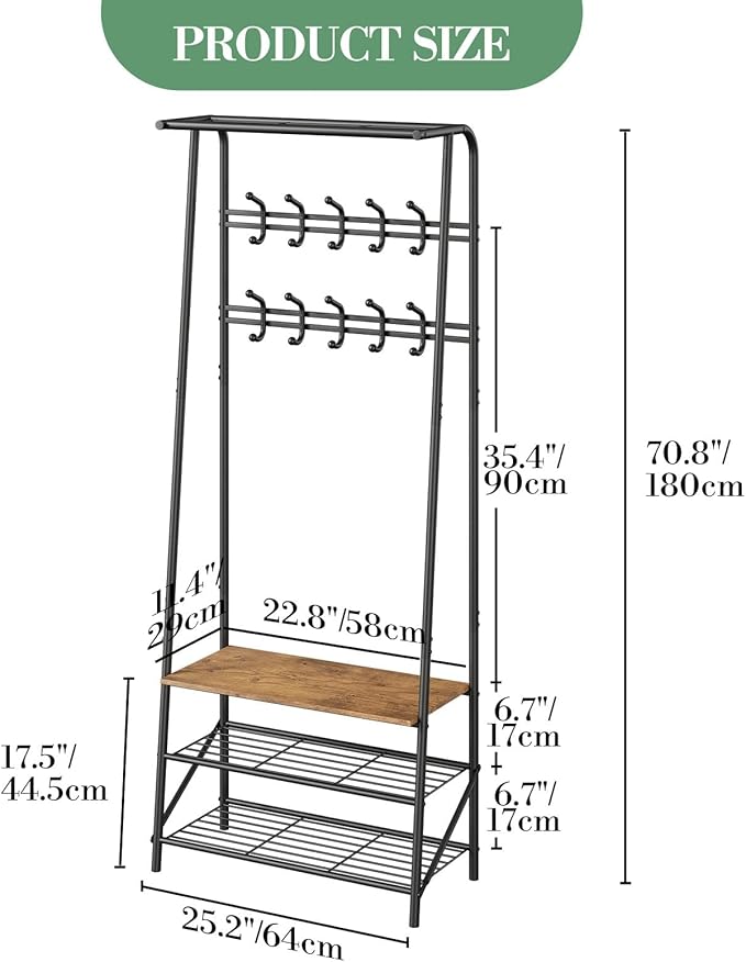 Jojoka 25" Coat Rack, Hall Tree with Shoe Bench and Storage, 4-Tier Shelf with 10 Hooks, Freestanding Metal Entryway Organizer for Hallway, Accent Furniture for Bathroom