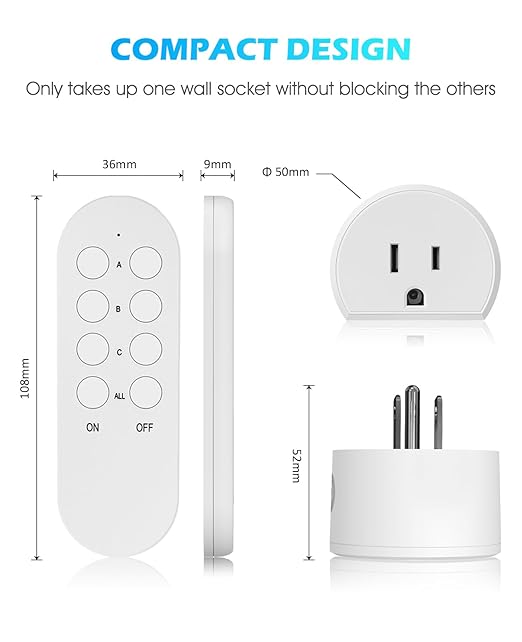 SURNICE Mini Remote Control Outlet, 10A Wireless Light Switch Plug for Household Appliances, Up to 130 FT Long Range, FCC and ETL Listed