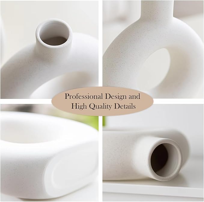 White Ceramic Vase Set of 2 for Modern Home Decor, Round Matte Donut Vases for Pampas Grass, Boho Nordic Minimalism Style Modern Flower Vases for Living Room Table Bookshelf Office Bedroom