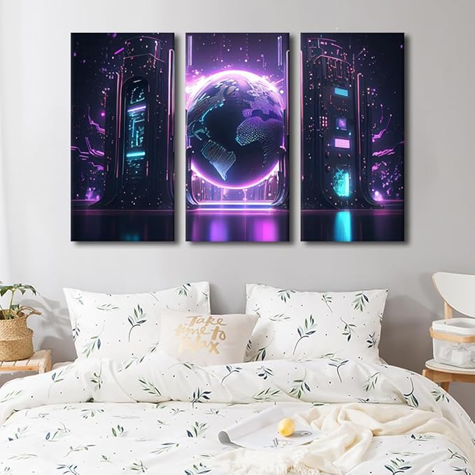 Digital World Poster Modern Wall Art 3 Piece Cyber Space Posters for Bedroom Living Room Wall Decoration, Wooden Framed Gallery-Wrapped Ai Artwork Ready to Hang, 60" Wx40 H