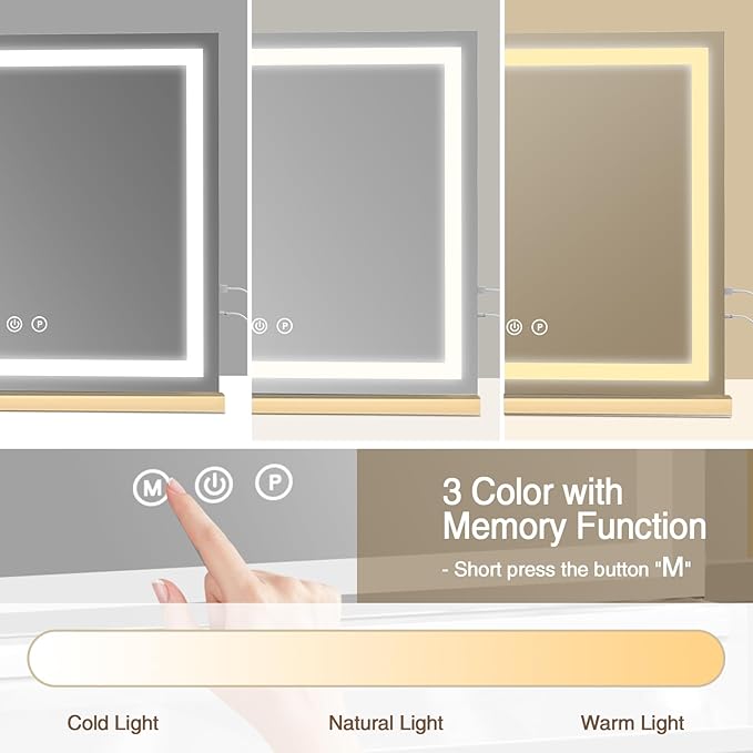 Large Lighted Vanity Mirror, 23" x 19" Light Up Make up Mirror with Smart Touch 3 Colors Dimmable, Tabletop or Wall-Mounted, Memory Function