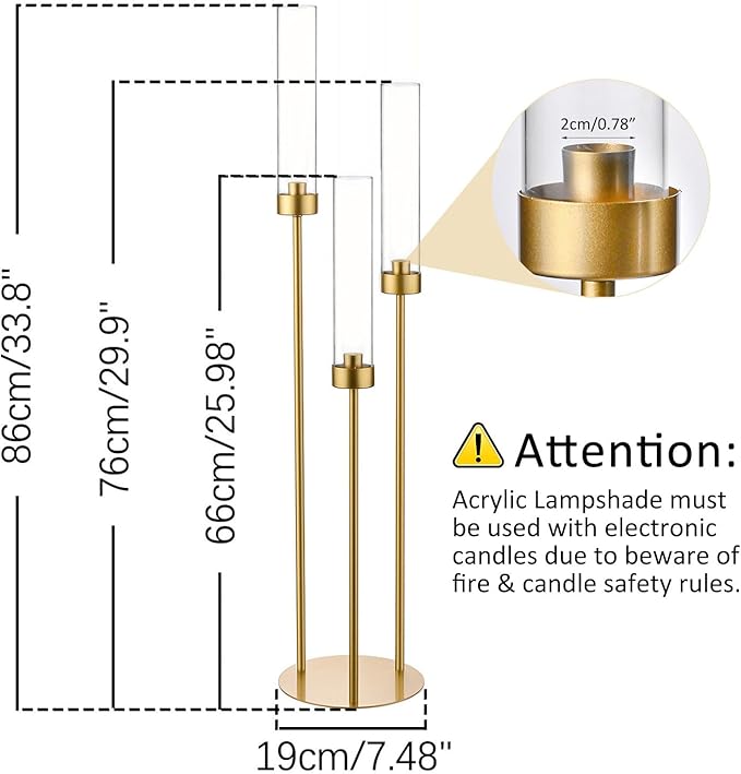 Vincidern 4pcs Gold Candelabra 3 Arm Taper Candle Holders with Acrylic Shades, Decorative Metal Candlestick Holders for Wedding Table Centerpiece, Halloween,Christmas, Party, Events Decor
