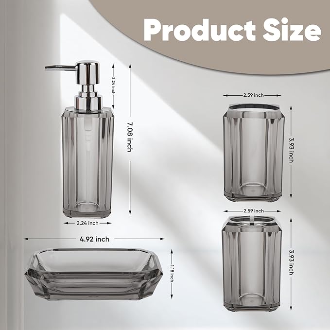 4-Piece Modern Gray Bathroom Accessories Set — Soap Dispenser, Soap Dish, Mouthwash Cup & Toothbrush Holder, Glossy Acrylic with Gray Finish, Vanity Countertop Organizer