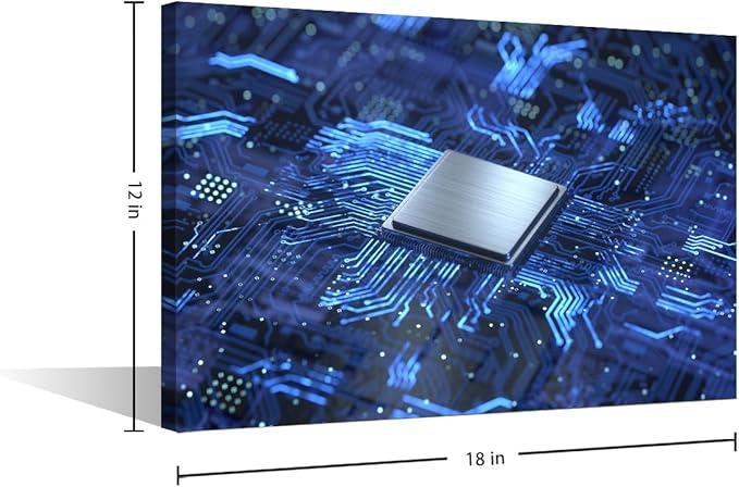TUMOVO Futuristic CPU Painting Posters Circuit Board House Deocration for Living Room CPU Concept Canvas Prints Wall Decor AI Wall Art for Office Bedroom Modern Artwork Giclee Framed - 18x12in