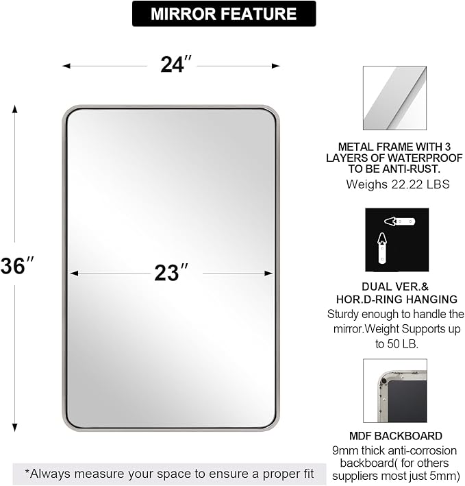 ANDY STAR Chrome Mirrors for Bathroom, 24x36’’ Rounded Rectangle Mirror, Chrome Bathroom Vanity Mirror, SUS304-Anti-Rust, Wall-Mounted Horizontal/Vertical 1’’ Deep