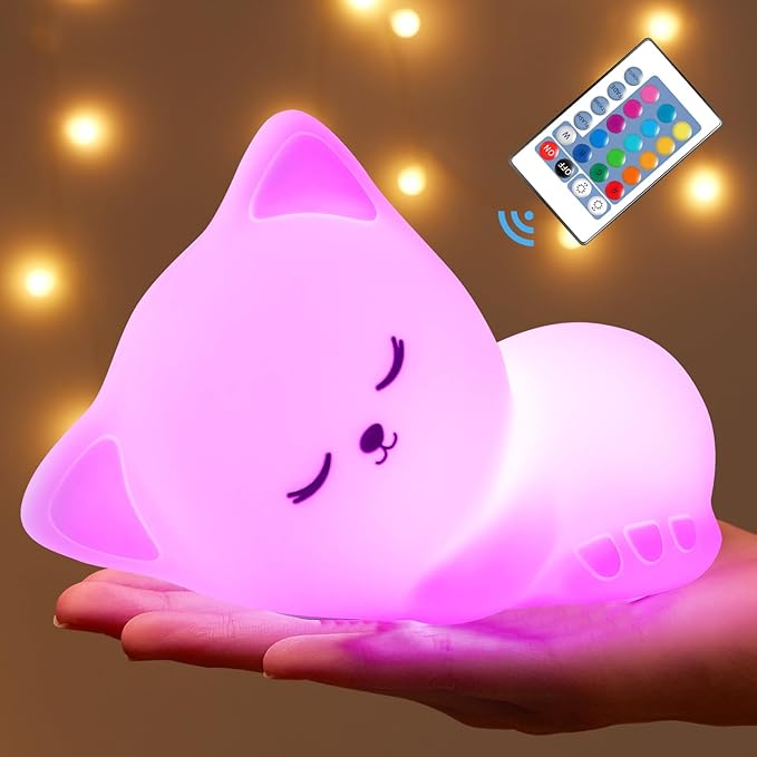 Mubarek Night Light for Kids, 16 Colors Dimmable Night Light lamp, Remote Silicone NightLight for Baby Nursery, Rechargeable Cute Lamp Cat Lamp,Timer Toddler Nightlight for Kids Room