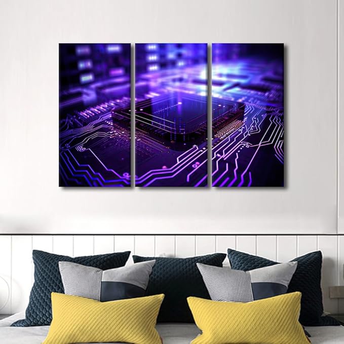 Wall Pictures for Living Room Décor Semiconductor Chip Prints 3 Pieces Wall Art Circuit Board Framed Wall Art on Canvas Chip Artwork Gallery-Wrapped Posters Prints Framed Ready to Hang, 42" Wx28 H