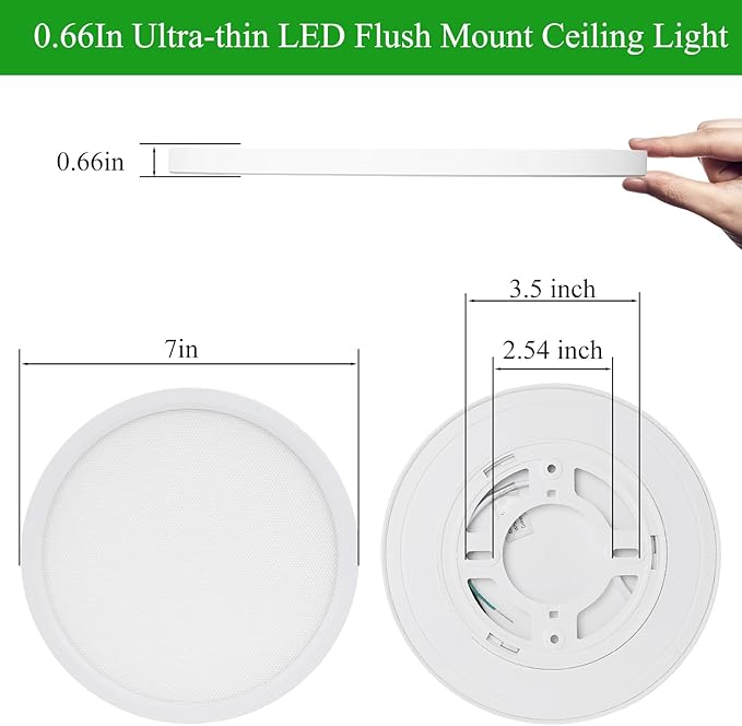 LED Flush Mount Ceiling Light , Super Slim 12W 7Inch 3000K/3500K/4500K/5000K/6500K 5 Color Changeable 1440LM Low Profile White Ceiling Light for Bedroom, Living Room, Dining Room, Hallway, Pack of 2