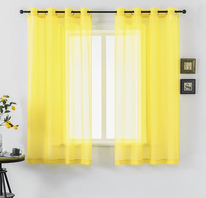 DUALIFE Yellow Sheer Curtains 63 Inch Length for Bedroom 2 Panels Grommet Solid Color Look Semi Sheer Sunmmer Curtains for Living Room Dining Bathroom Basement Kitchen 52x63 Inches Long