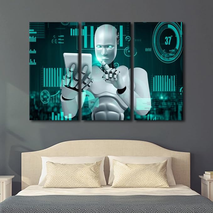 3 Panels Big Data Analysis Wall Art - AI Intelligence Pictures Canvas Print Robot Canvas Painting Framed Art Prints Home Office Wall Decor Giclee Gallery-wrapped Ready to Hang, 60" Wx40 H