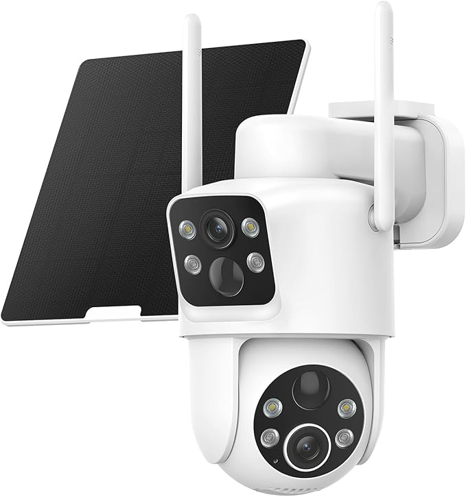 Dual Lens Solar Security Cameras Wireless Outdoor, 2K Full HD Video, 360° View Pan/Tilt Home Security Camera with Color Night Vision, Easy to Install, PIR Alarm, 2.4GHz WiFi