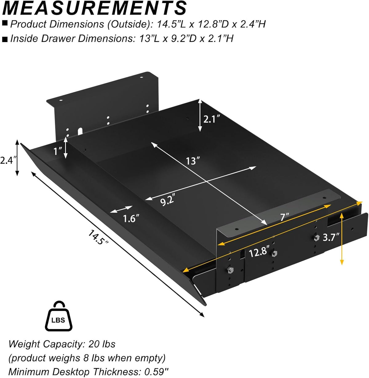 Under Desk Mounted Sliding Pull-Out Drawer Height Adjustable Apply to Tables with Front Crossbar,Adjustable Clearance Up to 3.5",Compatible with Most Stand Up Workstation