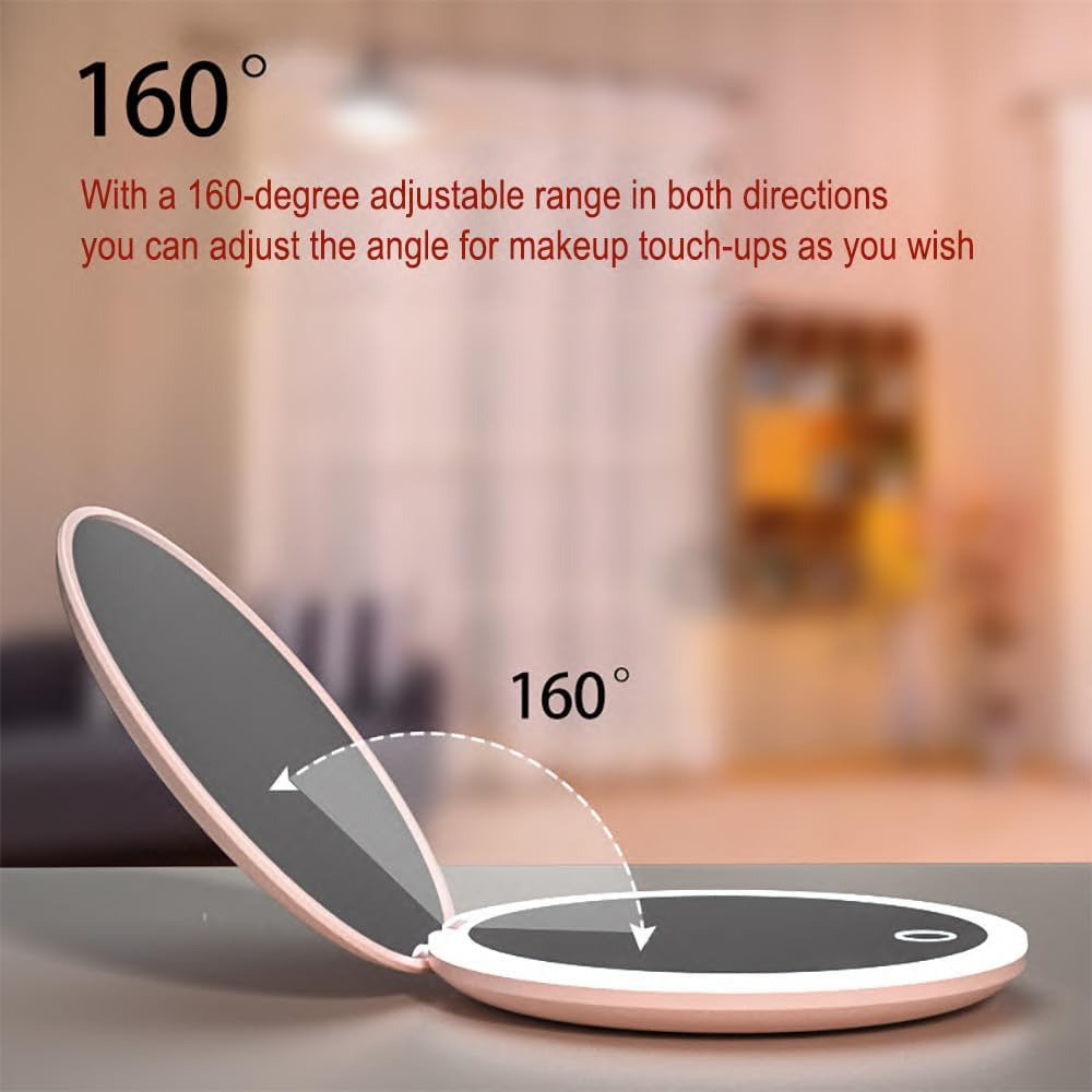 LED Mini Makeup Mirror, Compact Folding Travel Mirror with Touch Control, Round (White, 3.5 inch)