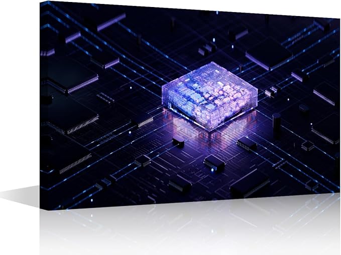 Wall Art for Living Room Futuristic CPU Paintings on Canvas CPU Concept Pictures Modern Artwork Home Decor Computer Chip Posters Prints Framed Stretched Ready to Hang, 24x16in