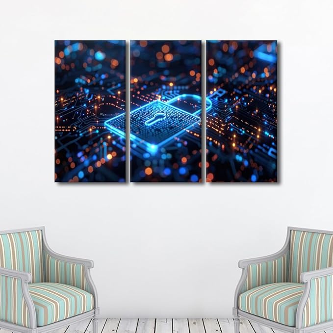 AI Canvas Prints AI Intelligence Wall Art Security Lock Symbol Picture Lock Paintings Canvas Print 3 Pieces Framed Wall Art Giclee Artwork Stretched Ready to Hang Posters, 60" Wx40 H