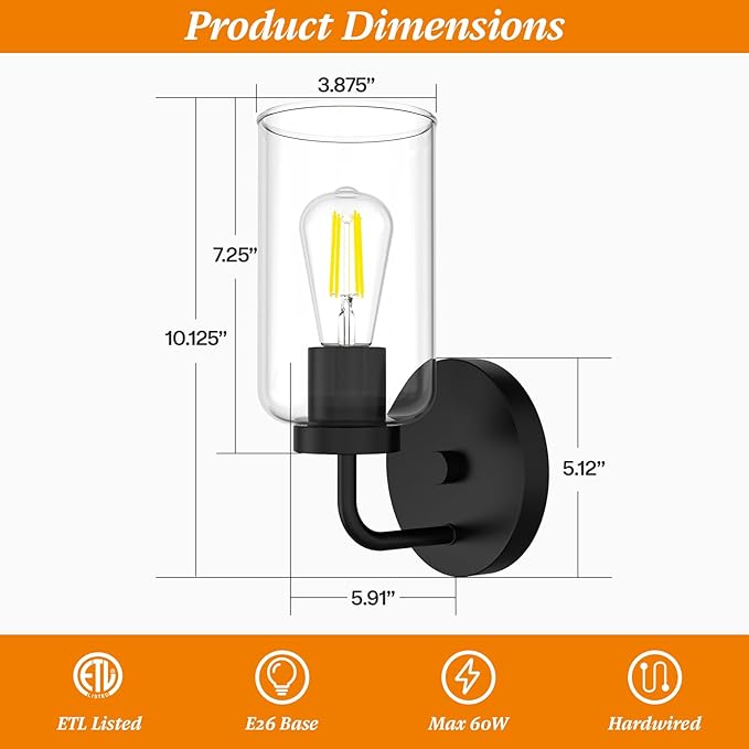 Zevluck Wall Sconces Set of 2, Modern Wall Light Fixtures with Clear Glass Shade, Matte Black Bathroom Vanity Light, Hardwired Vanity Wall Lamps for Bathroom, Bedroom, Living Room, Stairs, Hallway