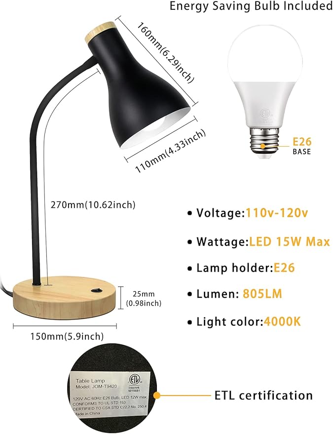 Metal Desk Lamp Table Lamp Reading Lights Arc Desk Lamps for Bedroom, Wood Base Bedside Lamp with Flexible Gooseneck for Study Room and Office (Wood Base+Black)