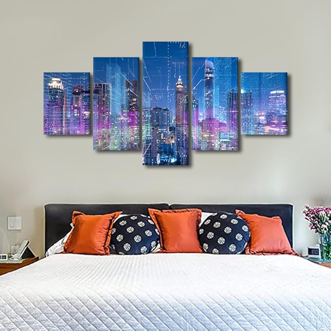 Canvas Wall Art for Office 5 Panel Smart City Poster Modern Home Decoration Artwork Digital Transformation Picture Printing Men Living Room Wall Decor Big Data Worker Bedroom Decorate 60x32 Inch