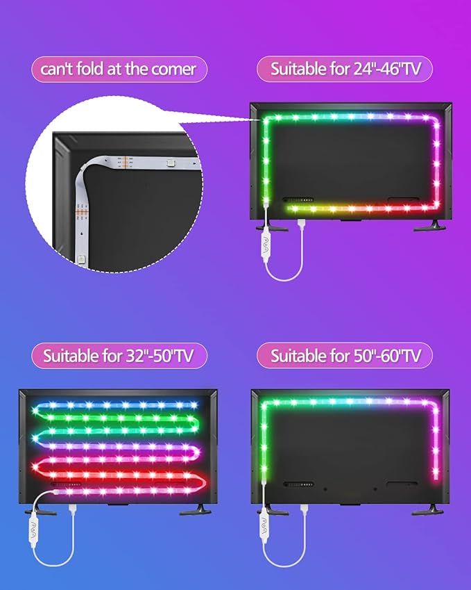 Daymeet LED Lights for TV, 9.8FT TV Led Backlight Behind Lights for 32-60inch USB Led Light Strip Glow RGBICW Color Changing Sync with Music Bluetooth APP Control Led Lighting for Bedroom