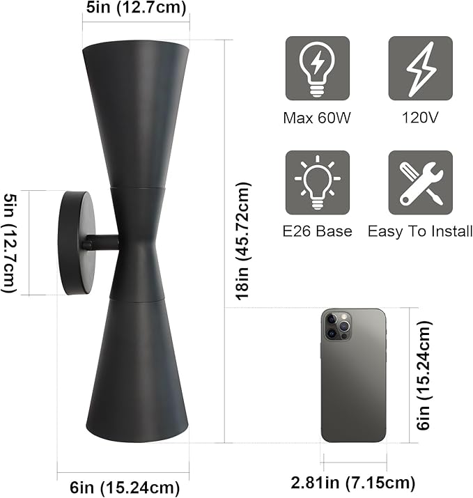 Wall Sconce Bathroom Sconces Lighting, 18 inch Black Modern Sconces Up Down Lights Wall Decor Indoor Wall Light Fixtures for Living Room Hallway Staircase Bedroom Hardwired