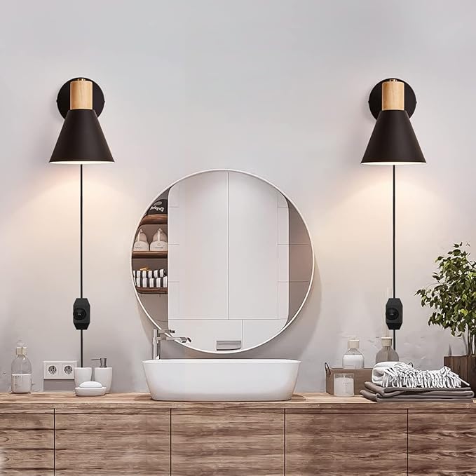ClanKin Wall Sconces Lighting Set of 2 for Bedroom, Black Dimmable Wood Style Wall Sconce Reading Lamp, Adjustable Wall Light for Bedroom Hallway Living Room (Black-Plug in, 2)