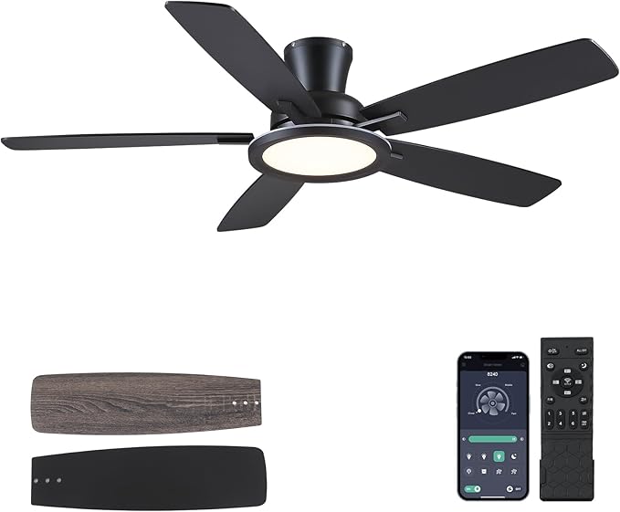 52" Flush Mount Ceiling Fan with Lights and Remote - Black Modern Ceiling Fan, Reversible and 5 Dual-Sided Blades, Low Profile Fan Light for Indoor Bedroom, Covered Patios