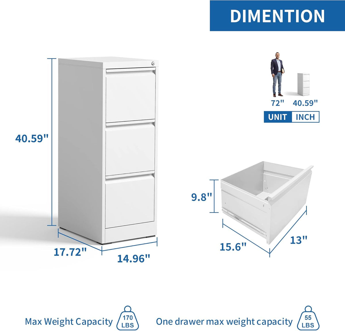 3 Drawer File Cabinet with Lock, Vertical File Cabinet with Lock, Locking File Cabinet Hanging Files for A4/ Legal/Letter,White