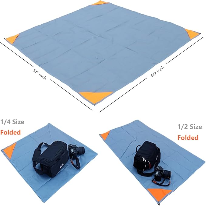 Orga'Neat Pocket Picnic Blanket, Sandproof Lightweight Pocket Camping Tarp, 55″x 60″ Foldable & Fits into Small Bag, Water Resistant Washable Quick Dry Compact Beach Mat for Outdoor Recreation
