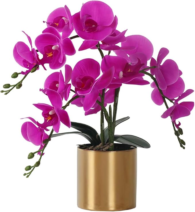 LESING Artificial Orchid Flower with Vase, White Orchid Bonsai Faux Orchid Phalaenopsis Plant Pot Arrangements for Home Decoration (Purple,Gold Vase)