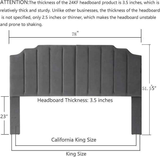 24KF Dark Gray Velvet Tufted King Upholstered Headboard, Modern Vertical Channel Design California King Headboard with Stepped Silhouette Top Edge,Dark Gray