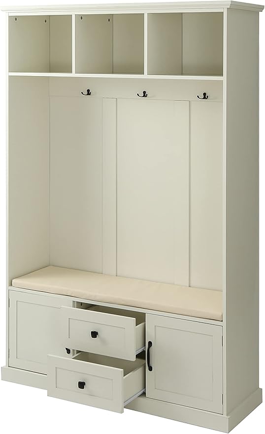 RUNNA Delicate 3-in-1 Hall Tree with 2 Cabinet and 2 Drawers,3 Open Shelves and 3 Hooks,Coat Hanger and Storage Bench,for Livingroom Hallway Entryway Use (Beige#H-)