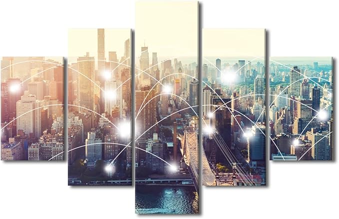 Canvas Wall Art New York Smart City Poster 5 Panel Connection Concept Poster Native Americans Living Room Decor Communication Workers Bedroom Decor Frame and Stretched Ready to Hang 60x40 Inch