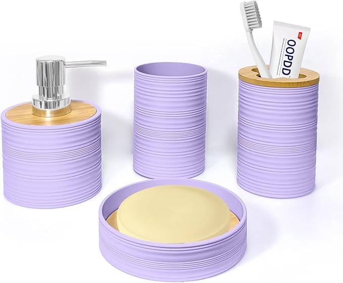 Bathroom Accessories Set 4 PCS, Bathroom Sets Accessories, Bamboo Bathroom Accessory Set Includes Soap Dish, Soap Dispenser, Toothbrush Holder, Toothbrush Cup, Boho Bath Decor(Light Purple)