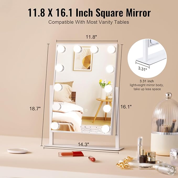 VEVOR Hollywood Vanity Mirror with Lights, 12 Dimmable Bulbs & 3 Color Lighting Modes, Makeup Mirror with Detachable 5X Magnification, Smart Touch Control, 360 Degree Rotation(16.1x11.8 in, White)